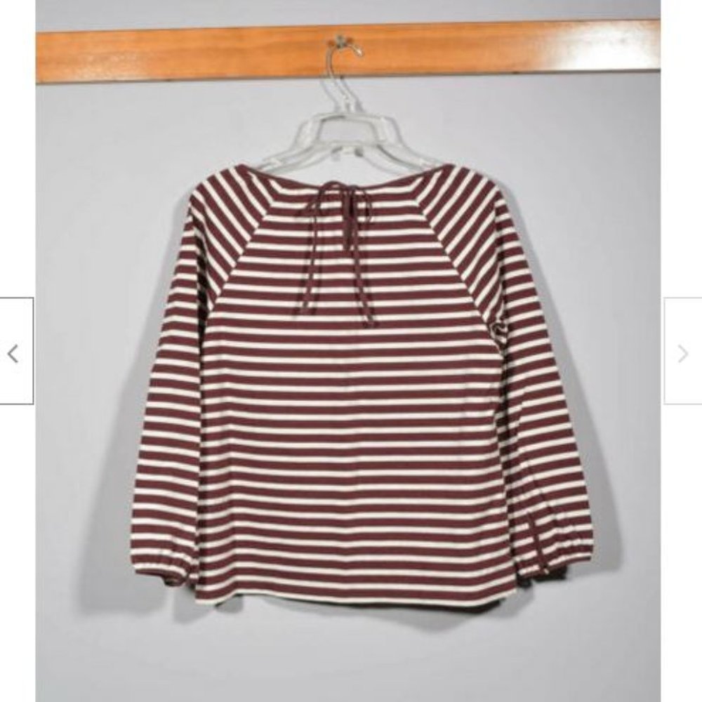 J. Crew F8812 100% Cotton Merlot White Stripe Tie Back Peasant Muslin Shirt Sz - Picture 4 of 4